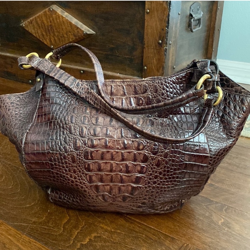 Brahmin Anne Melborne Chocolate Hobo Handbag Croc Embossed Leather
